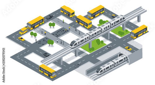 Modern isometric city infrastructure with buses and subway trains