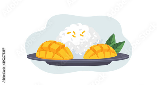 Thai Mango Sticky Rice Vector Illustration with Coconut Milk and Fresh Mango on Plate.
