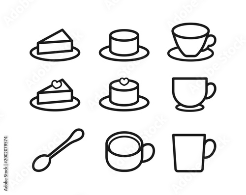 ケーキとティーセットのシンプル線画アイコン9個セット