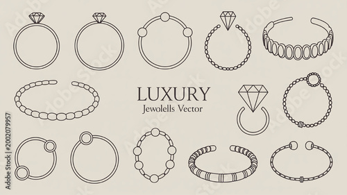 Collection of luxury jewelry icons minimalist line art design elements for fashion and beauty branding isolated on beige background