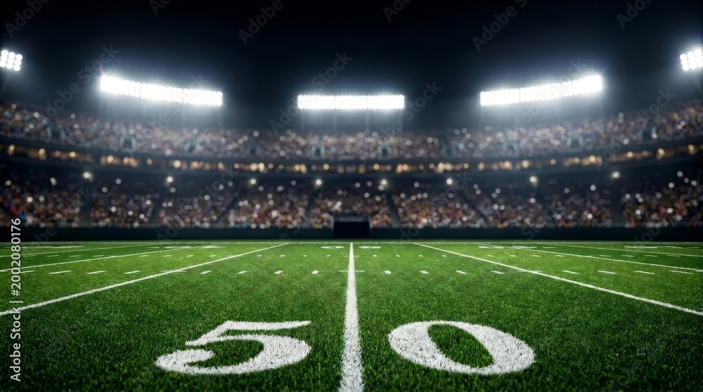 Fototapeta premium Green field in American football stadium. ready for game in the midfield. American Football Field at Night with 50-Yard Line and Glowing Stadium Lights