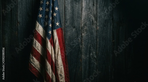 USA Flag Hanging Against Dark Rustic Wooden Background