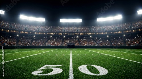 Green field in American football stadium. ready for game in the midfield. American Football Field at Night with 50-Yard Line and Glowing Stadium Lights
