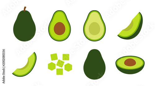Collection of stylized avocado illustrations showing whole fruit, halves, slices, and diced pieces for food and health related designs.