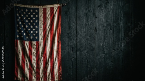 Distressed American Flag Backdrop on Black Wood Panels