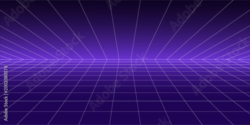 Purple glow neon wireframe background. Dark shining checkered grid floor plane in perspective. Bright retro futuristic horizon wallpaper. Arcade game sci fi matrix landscape surface. Vector backdrop