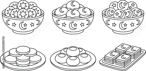 Black outline illustration set of traditional Ramadan sweets and desserts including cookies, moon cakes, biscuits and layered pastries in decorative bowls and plates