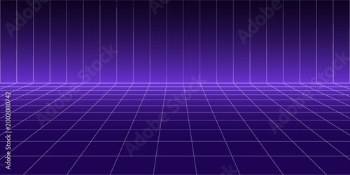 Purple glow neon wireframe background. Dark shining checkered grid floor plane in perspective. Bright retro futuristic horizon wallpaper. Arcade game sci fi matrix landscape surface. Vector backdrop