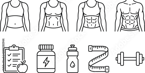 Fitness and body transformation icon set featuring male and female torso progress, nutrition plan, supplements, water bottle, measuring tape and dumbbell vector illustration