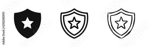 Security Shield with Star Icons Set in Solid Outline and Sketch Styles