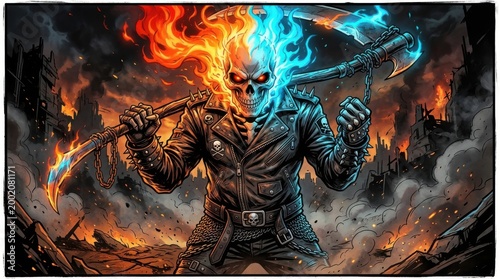 Hell Rider Flaming Skull Biker Character with Fire and Ice