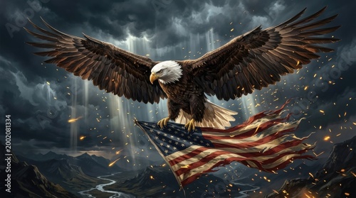 Bald Eagle Flying with American Flag in Stormy Sky