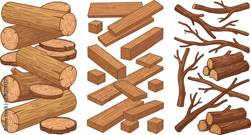 Wood Logs, Branches, and Wooden Planks Set for Construction, Carpentry, and Outdoor Activities Graphics