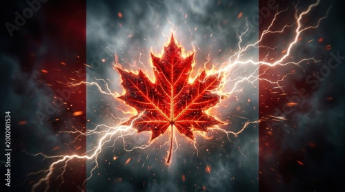 Glowing Red Maple Leaf with Electric Sparks Background