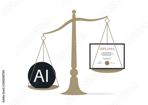 An artistic representation shows a scale weighing two symbols, One side holds a bold AI sign, while the other bears a high school diploma.