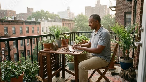 African american man working on laptop computer at urban apartment balcony. Remote worker typing outdoors. Freelance lifestyle and city life during daylight hour.