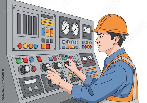 Konstfotografi Man wearing hardhat operating industrial controls.