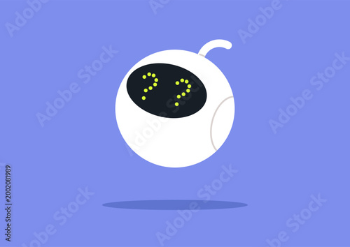 playful robot with question marks on a display hovers gracefully in a tranquil blue environment, Its glowing dots spark wonder and invite inquiries about technology and creativity.
