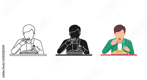 Three different vector graphic styles showing a young man sitting at a table while eating a meal with a spoon and fork from a plate