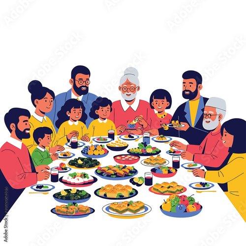 Diverse family eating together at table.