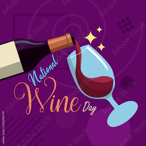Celebrate the art of the vine with this vibrant vector illustration of rich red wine cascading into a crystal glass against a deep plum geometric backdrop. A Toast to National Wine Day, May 25th.