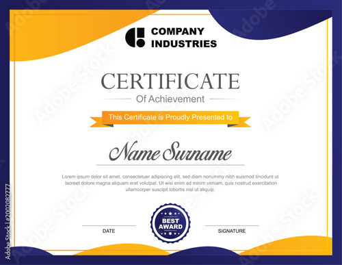 Royal Blue Yellow Certificate of Achievement – Corporate Wave Award Template