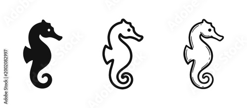 Seahorse Icon Set - Marine Life and Ocean Animal Silhouette, Outline and Hand-Drawn Styles