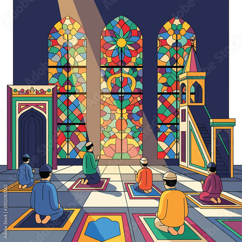 Muslims praying in a mosque.