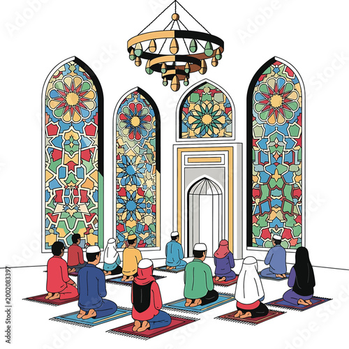 Muslims praying in a mosque.