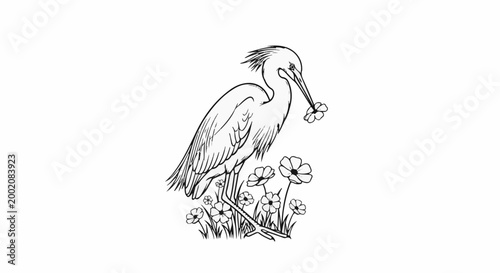 Line art drawing of a bird with a flower in its beak standing among flowers