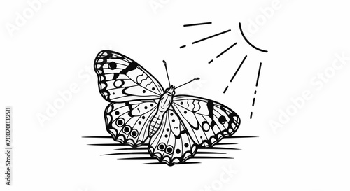 Line art drawing of a butterfly with patterned wings under stylized sun rays