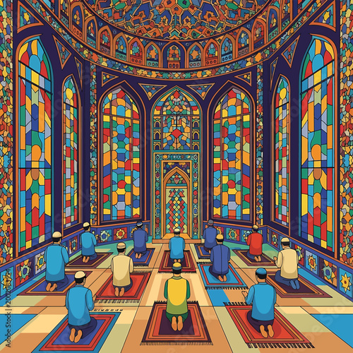 Muslims praying in a mosque.