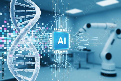 DNA strand with digital code, AI microchip and microscope symbolize artificial intelligence in genetics, biotechnology and medical research. Biotechnology, Medicine.scientist in laboratory.DNA,RNA