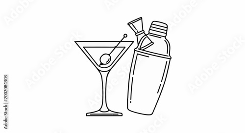 Line art of a martini glass with olive and a cocktail shaker