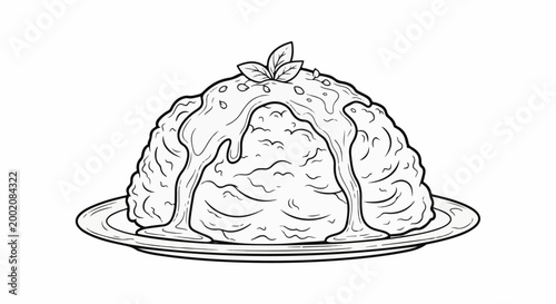 Line art of a mound of textured food, drizzled with sauce and topped with leaves