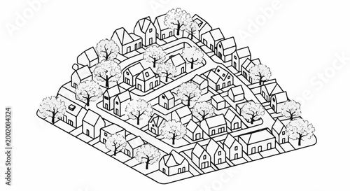 Isometric view of a quaint neighborhood with houses and trees