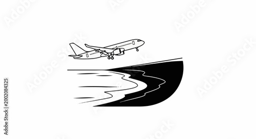 Line art of a passenger jet airplane taking off over a stylized landscape