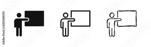 Presentation icon set showing a person standing next to a board for teaching and training