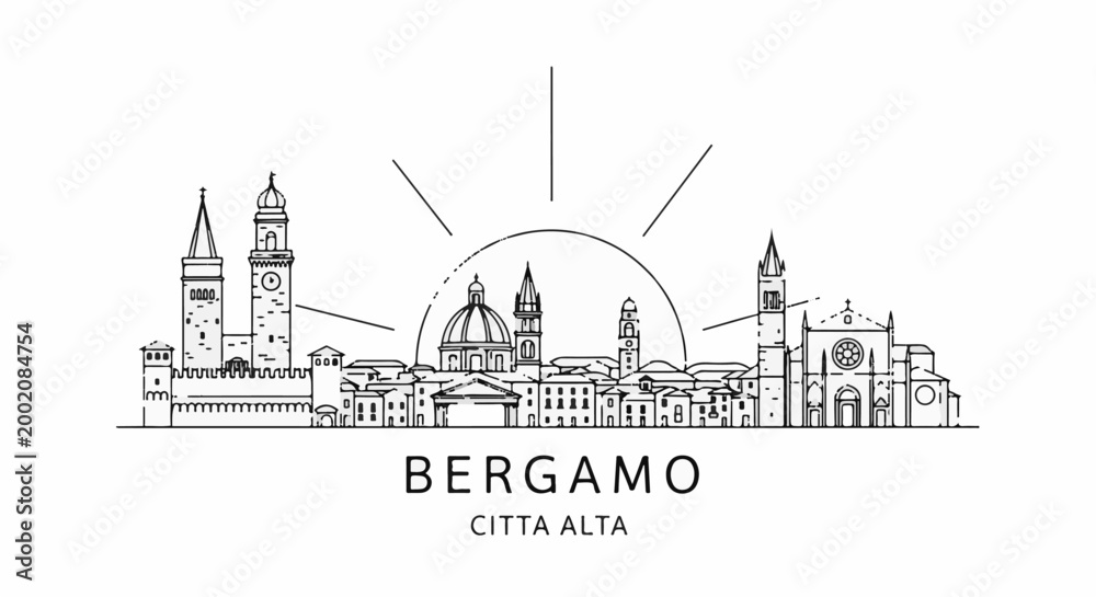 Fototapeta premium Italian city skyline with historic architecture under a radiating sun