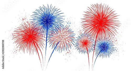Red and blue fireworks isolated on white background