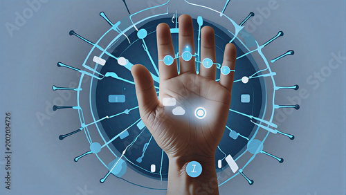 Human hand interacting with biometric cyber security technology