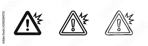 Warning and alert triangle icon set with exclamation mark for danger and caution notification