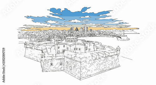 Historic fortification overlooks a city skyline and harbor under clouds