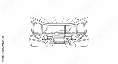 Interior view of a luxurious yacht lounge with ocean view