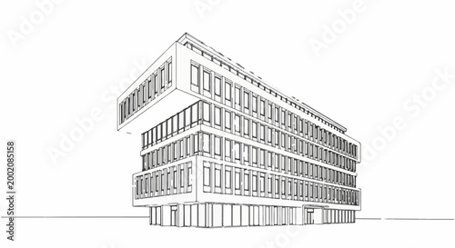 Hand-drawn sketch of a modern office building with repeating window patterns and balconies