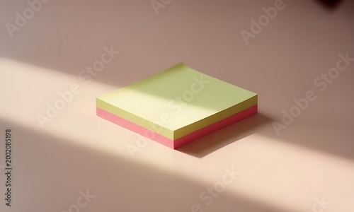 A stack of yellow and pink sticky notes on a soft pastel surface with natural sunlight shadows