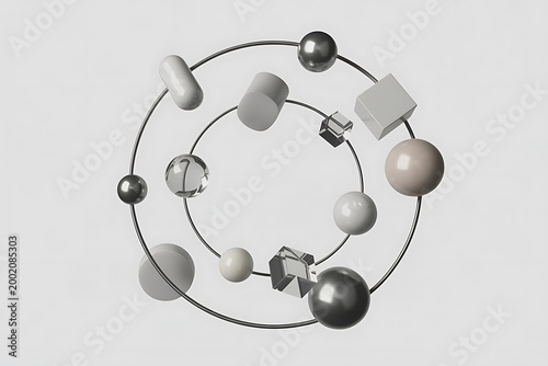 Abstract 3D composition with geometric spheres and cubes floating on circular orbit rings