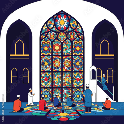 People praying in a mosque interior.