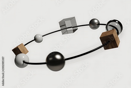 Abstract 3D composition with spheres and cubes connected by a circular ring