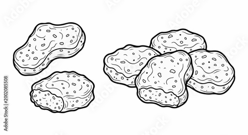 Line art of irregularly shaped food items with bumpy textures